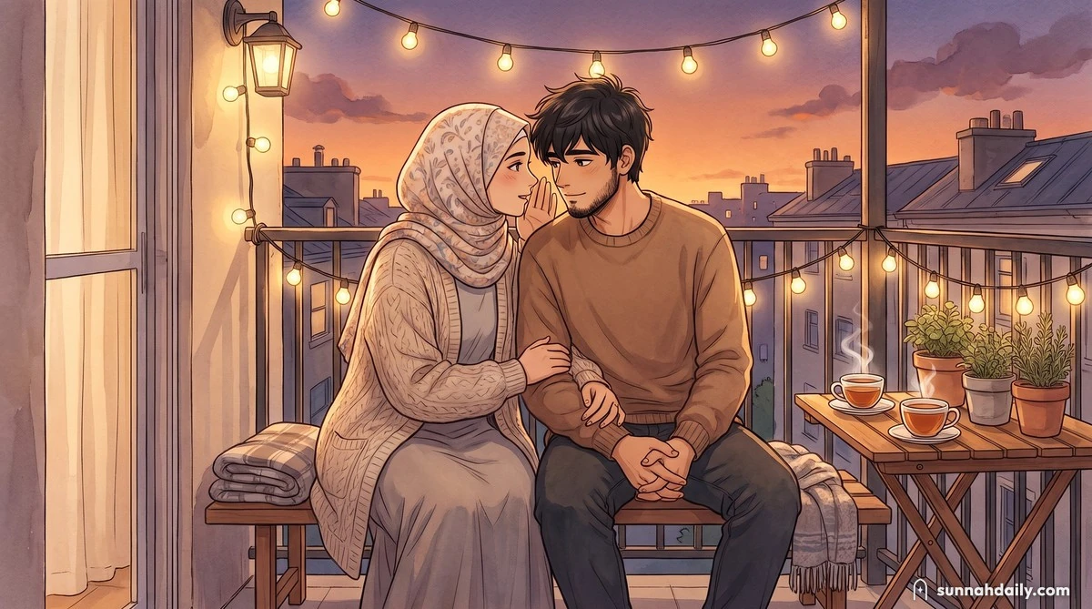 Yusuf and Maryam sitting close together on their balcony at dusk under string lights, Maryam leaning in to tell him something privately while he listens