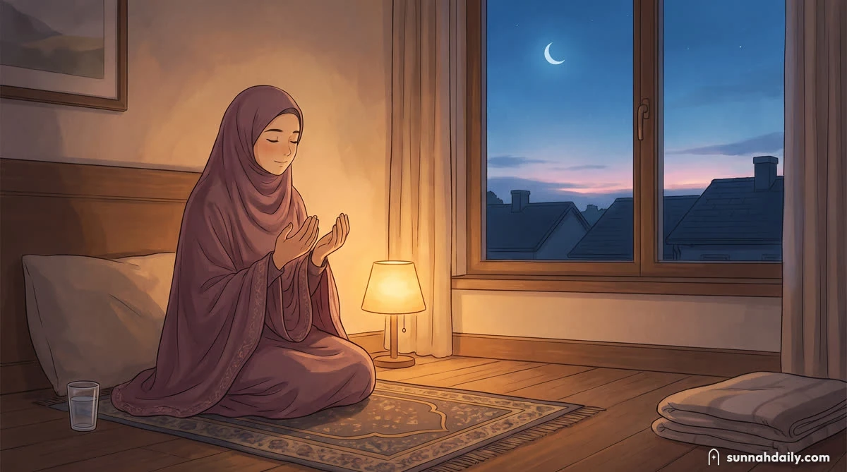 A young woman on a prayer mat by a window before dawn, hands raised in dua, the street still dark outside