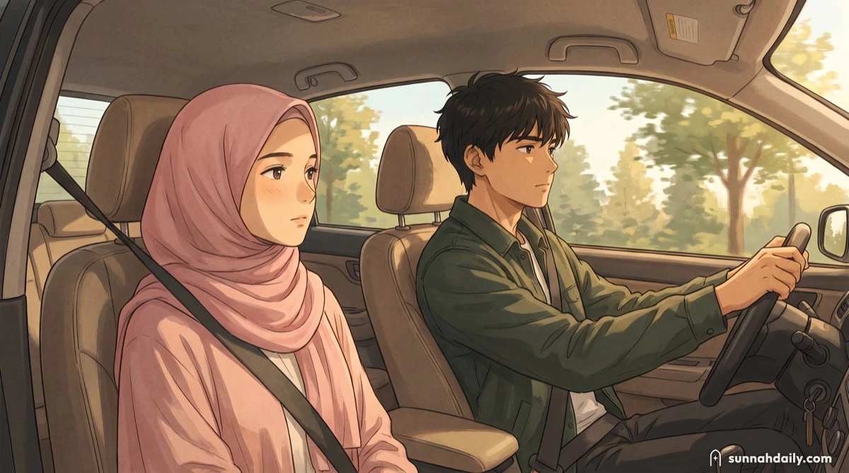A couple in a car, one driving, one looking out of the window