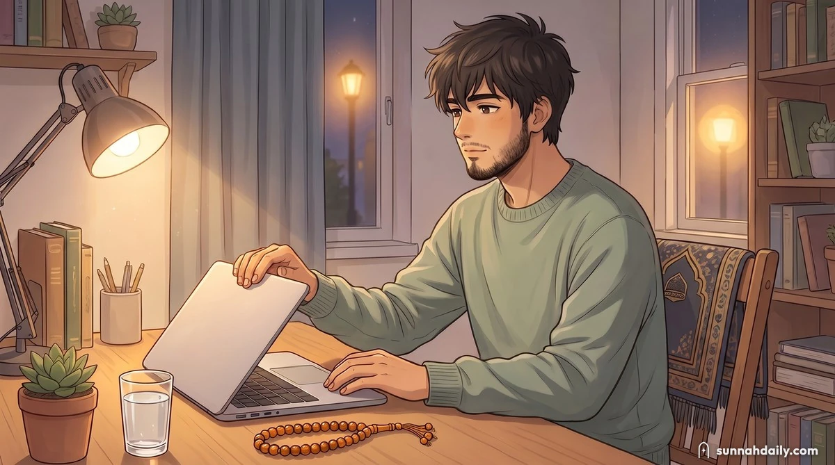 Yusuf at his desk late in the evening, calmly closing his laptop and looking away toward the window, a tasbih beside him