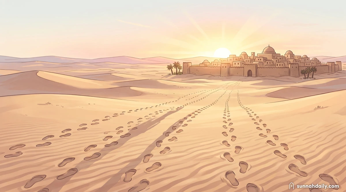 Several trails of footprints crossing the desert side by side toward a distant city as the sun rises