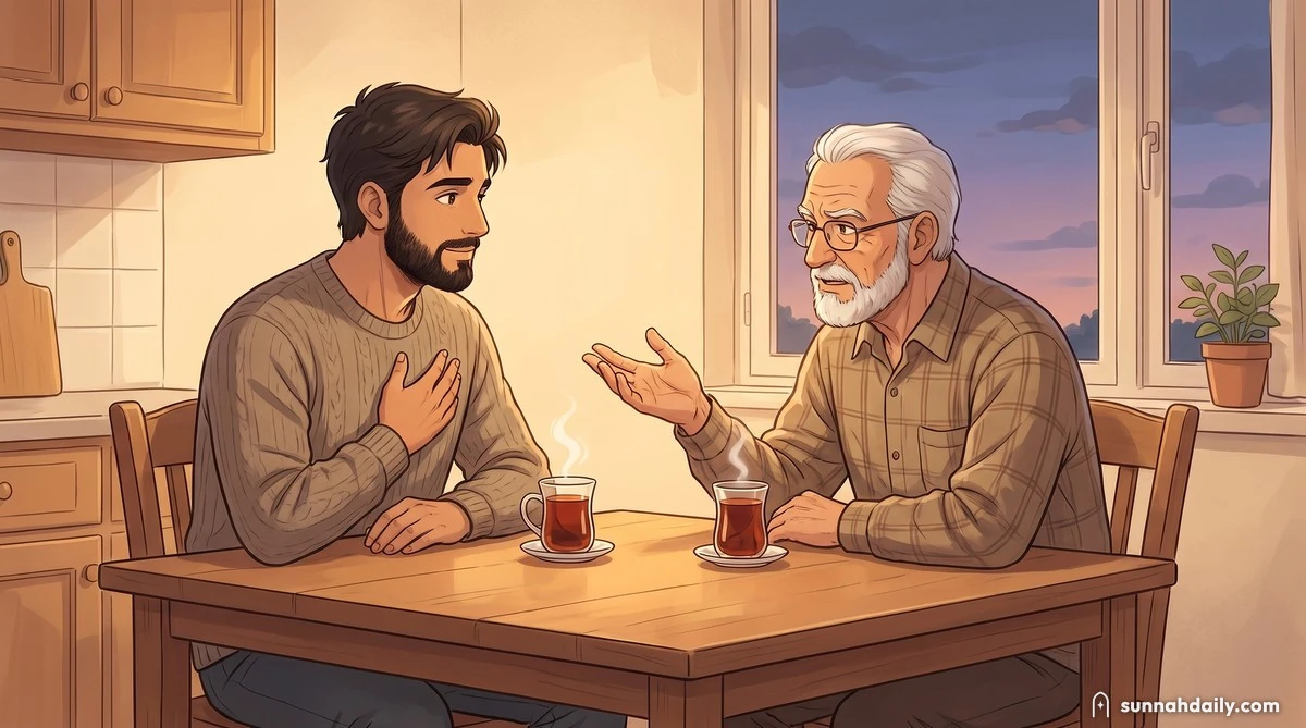 The Working Man sitting at a kitchen table with his elderly father, one hand on his chest, listening calmly while his father explains something