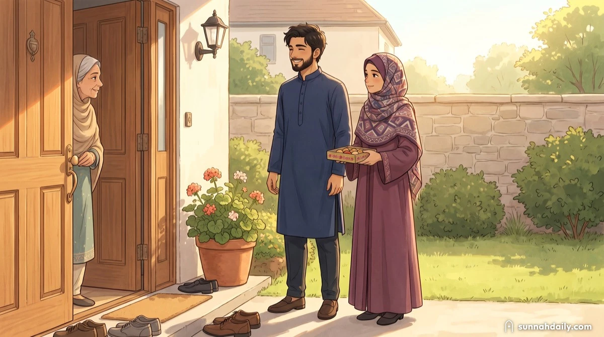 A young couple arriving at his parents house, greeted at the door