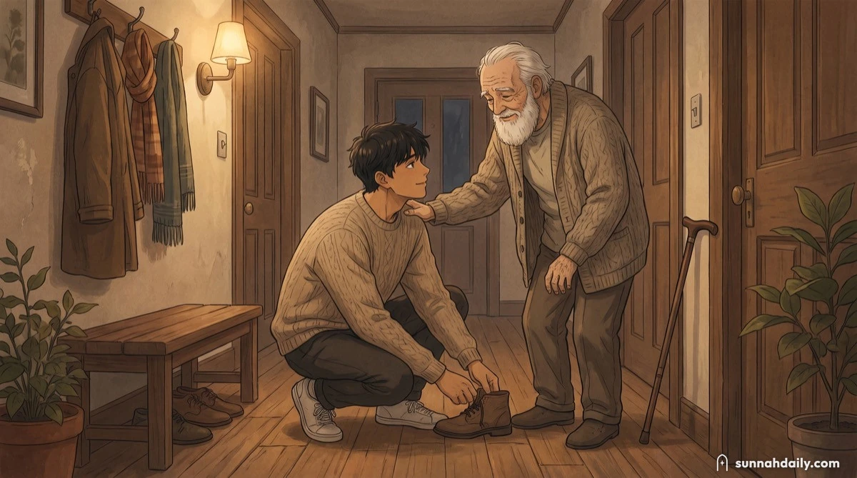 A young man helping his elderly father with his shoes in a hallway