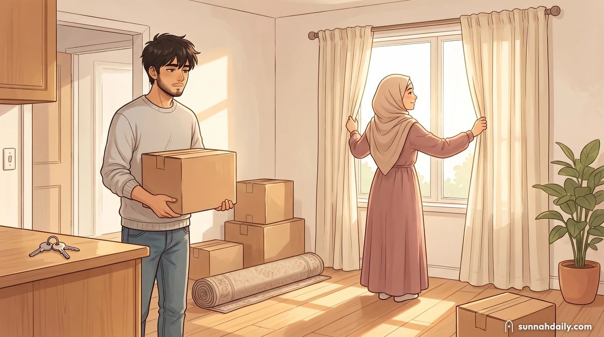 Yusuf carrying a moving box into their first apartment while Maryam opens the curtains to the morning light, house keys on the counter