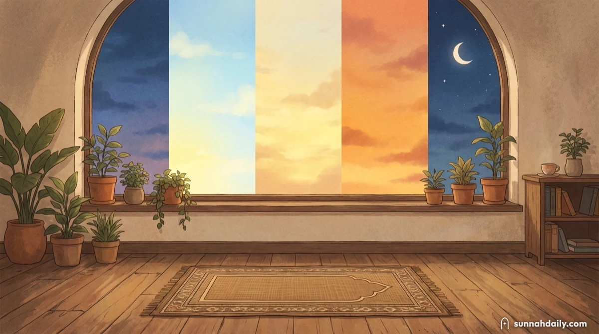 A prayer mat by a window, with one day passing across the sky outside