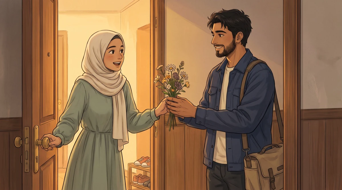 A husband coming home in the evening holding a small bunch of flowers out to his wife at the door, both smiling