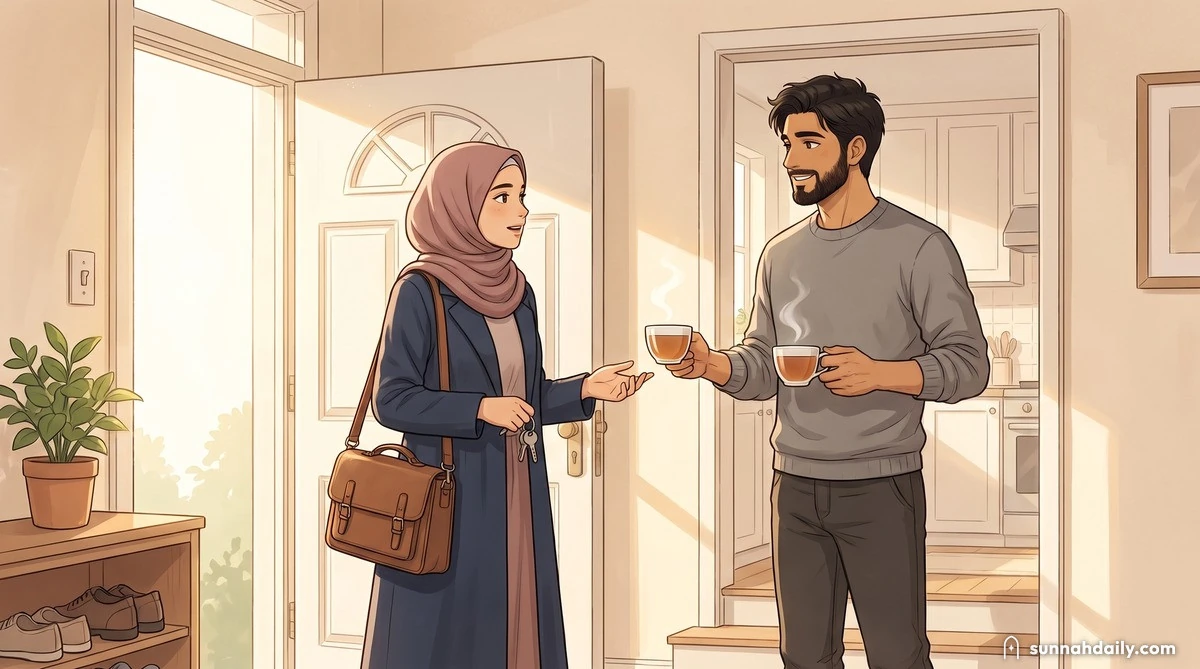 The Working Woman by the front door with her work bag over her shoulder, the Working Man in the hallway holding two cups of tea, the two of them talking in warm morning light