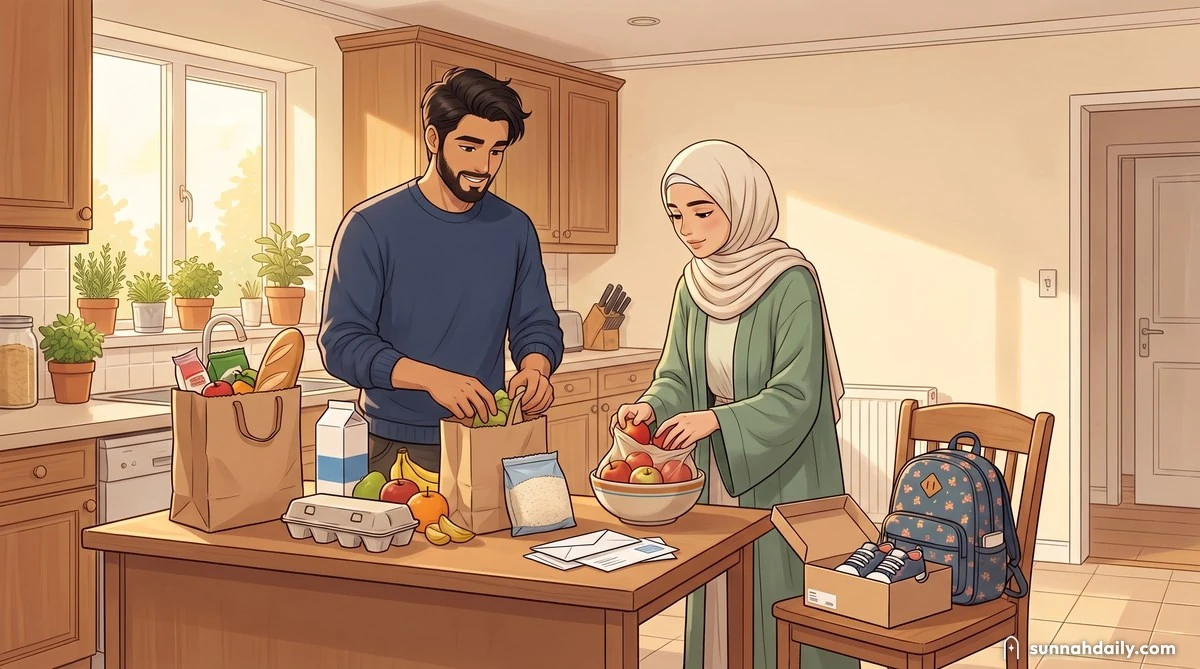 The Working Man unpacking groceries in the kitchen while the Working Woman fills a fruit bowl, a child's school bag and new shoes on a chair beside them