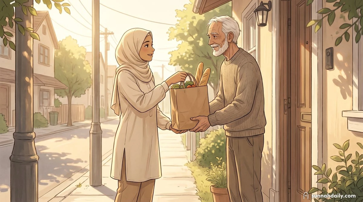 The Working Woman handing a bag of groceries to her elderly neighbor at his front door on a sunny morning