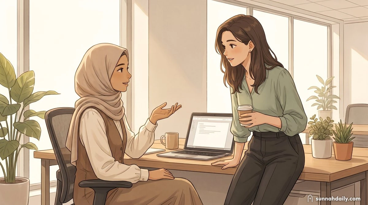 The Working Woman at her office desk turning to answer a coworker's question, calm and sure of herself