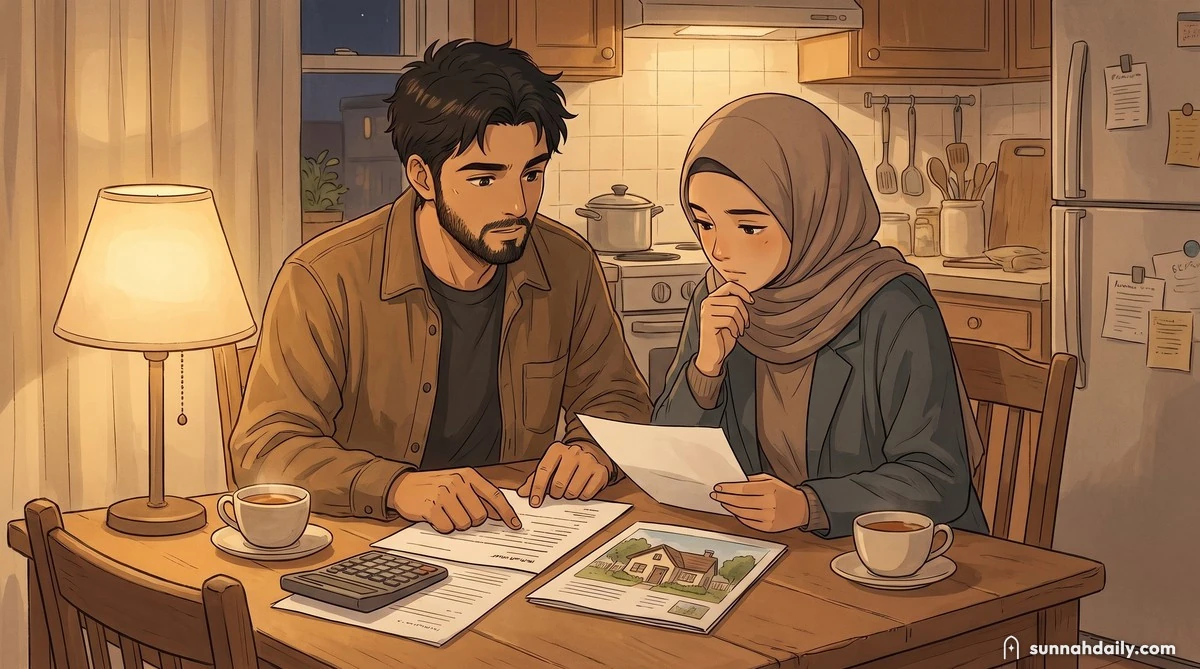The Working Man and Working Woman at the kitchen table at night, looking over house papers with a calculator and two cups of tea