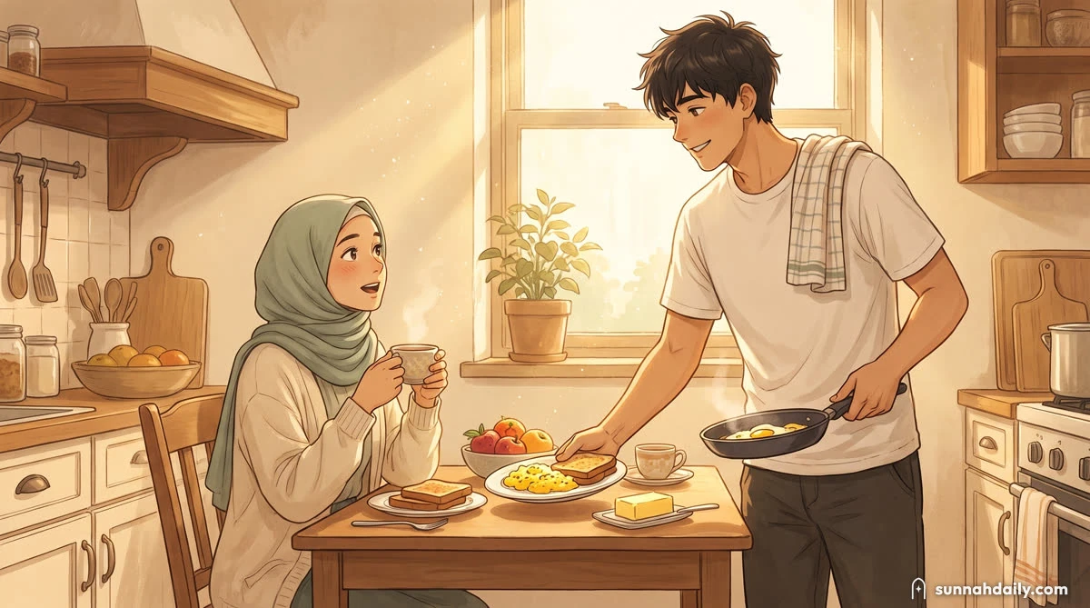 A husband in the kitchen setting a plate down in front of his wife at the table, morning light, both smiling a little