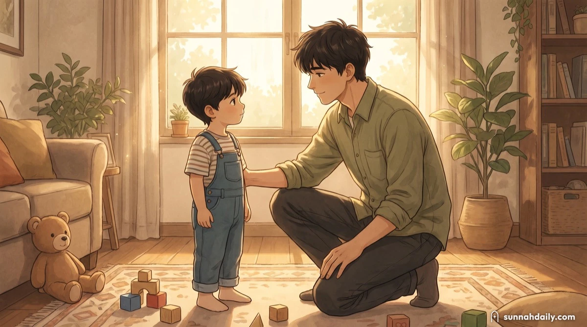 A father kneeling down to speak to his small son at eye level