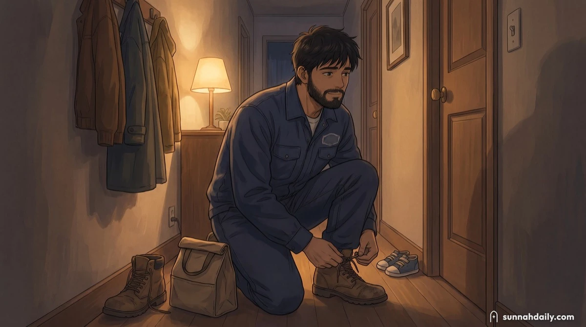 A man coming home late, taking off his shoes quietly in the hallway