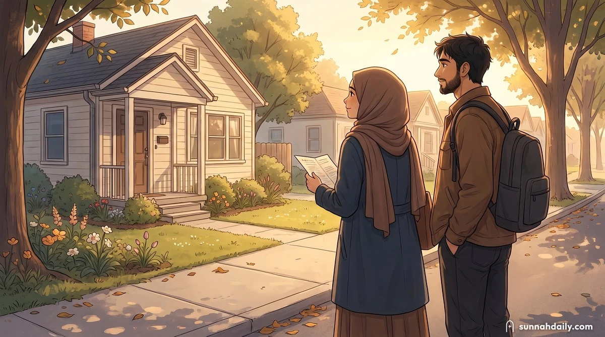 The Working Man and Working Woman on a quiet street at sunset, looking at a small house with a front garden