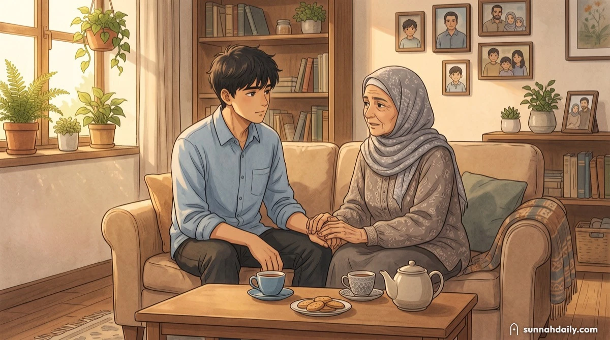 A young man sitting with his mother in the living room, talking over tea