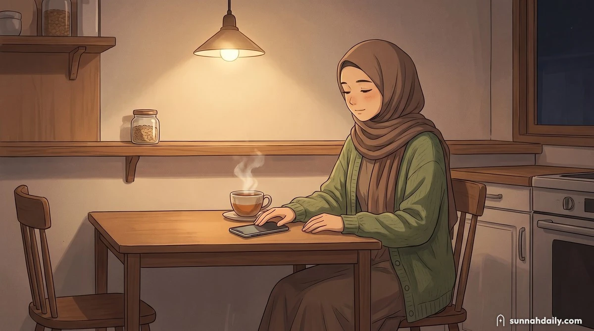The Working Woman at her kitchen table at night, calmly turning her phone face down beside a cup of tea