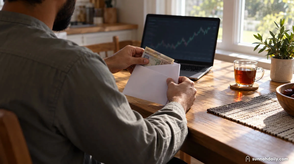 A man's hands at a sunny table sliding a few bills into a plain envelope, a laptop with a soft blurred chart open beside him