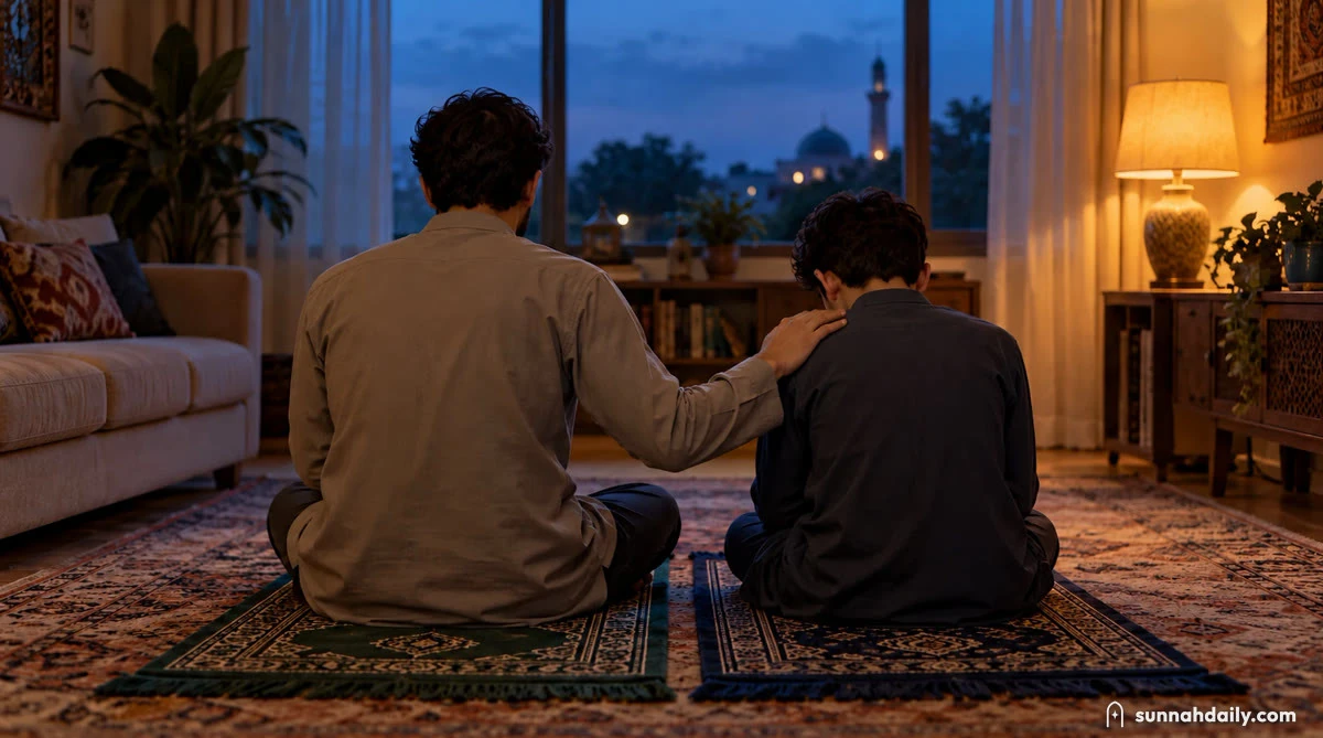 After prayer at home, an older brother rests his hand gently on his younger brother's shoulder beside two prayer mats