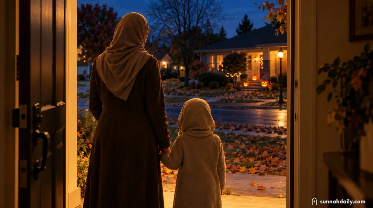 A mother in hijab and her small child seen from behind in their lit front doorway at dusk, looking out at a street of autumn leaves and pumpkins on the porches across the road