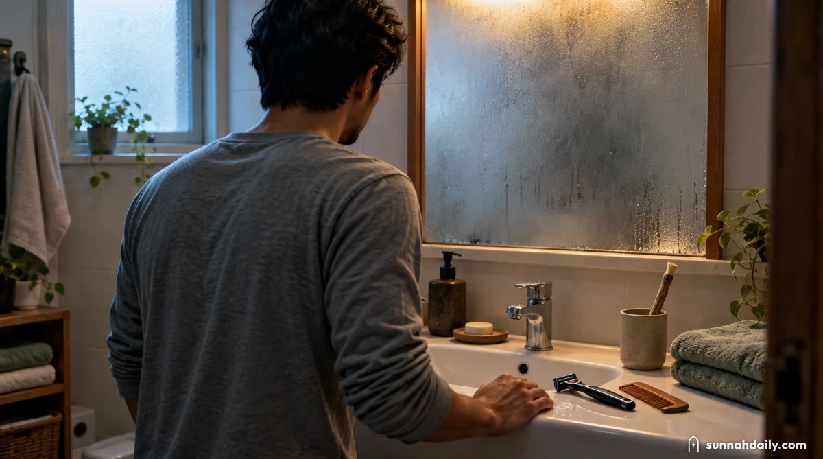 A young man seen from behind at a bathroom mirror in the early morning, an unopened razor resting on the edge of the sink