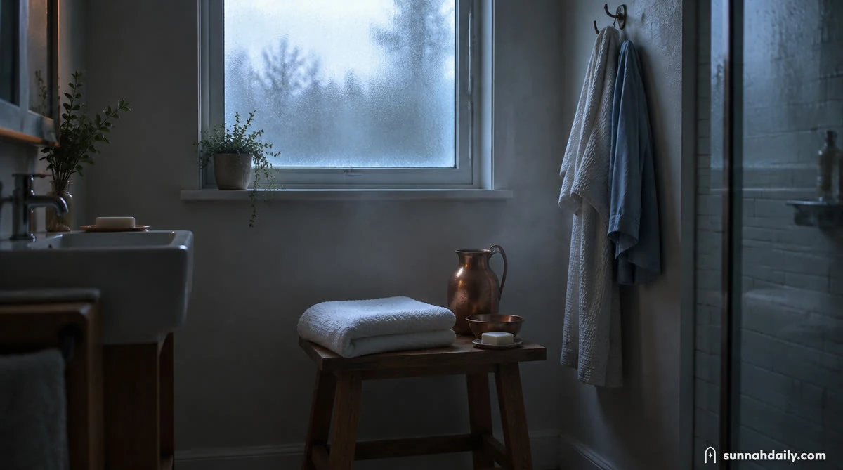 A clean, quiet bathroom before dawn: a folded white towel on a stool, a copper water jug and bowl, fresh clothes on a hook
