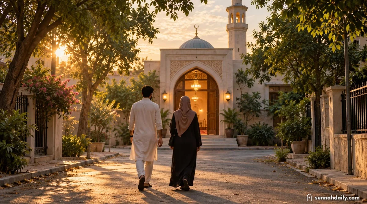 A young Muslim couple, seen from behind, walk side by side down a tree-lined path toward the open door of a masjid in warm golden light