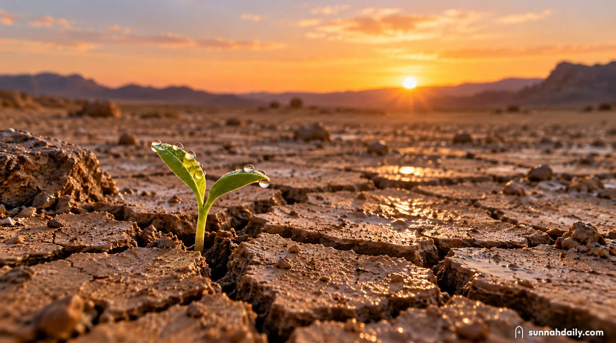 A single green shoot with drops of water pushing up through dry, cracked desert ground as the sun rises