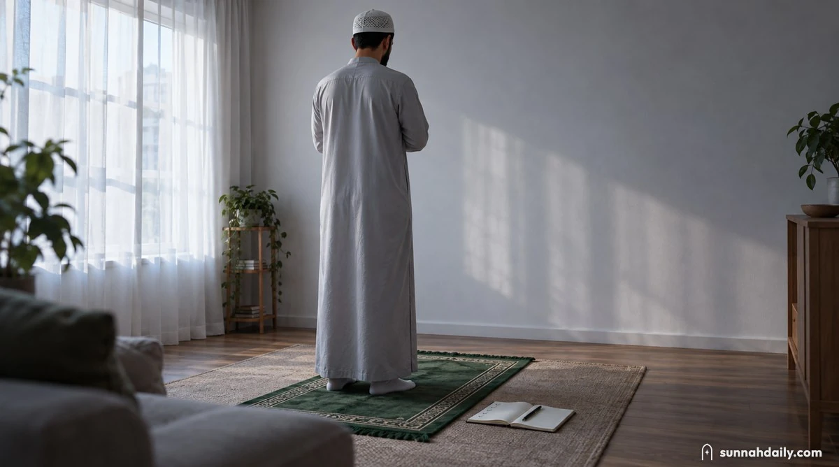 A man seen from behind praying alone on a prayer mat in a quiet living room just after sunrise, a small notebook and pen beside the mat