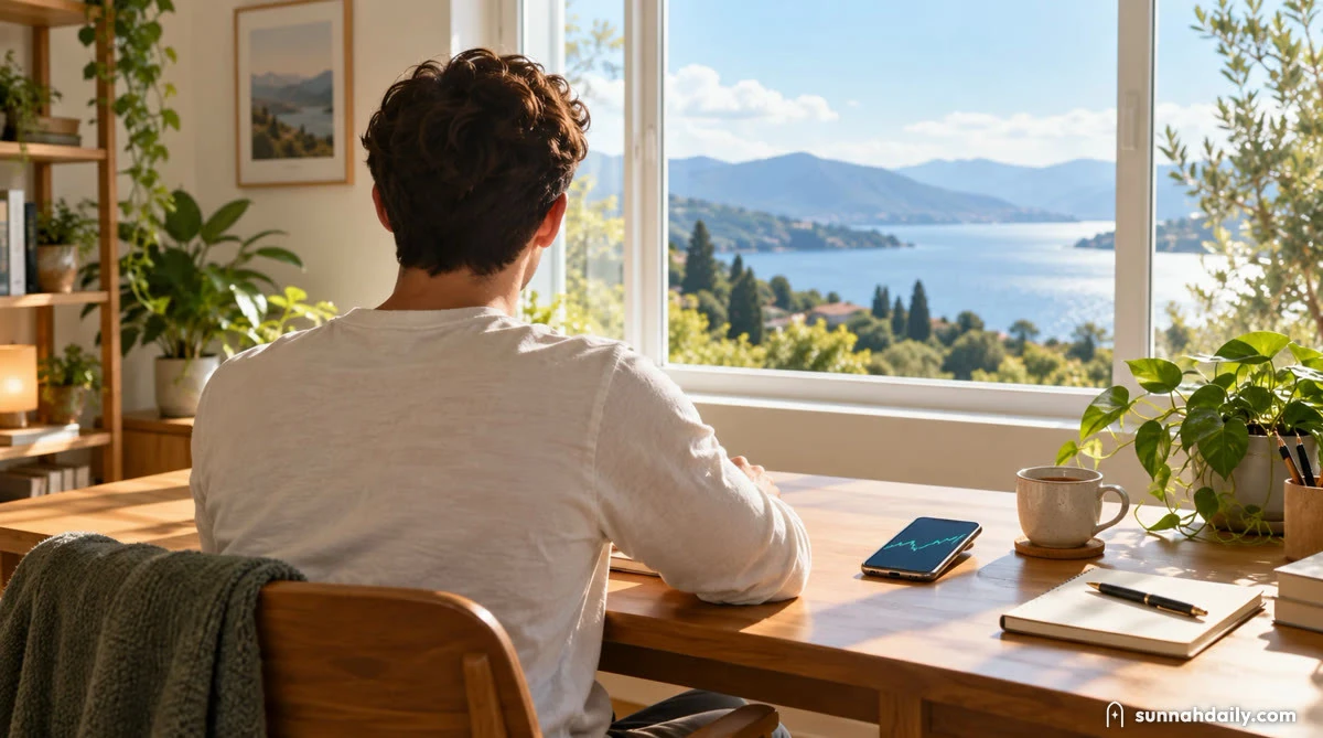 A young man at a sunny desk has pushed his phone aside, its price chart still glowing, and looks out of the window to think