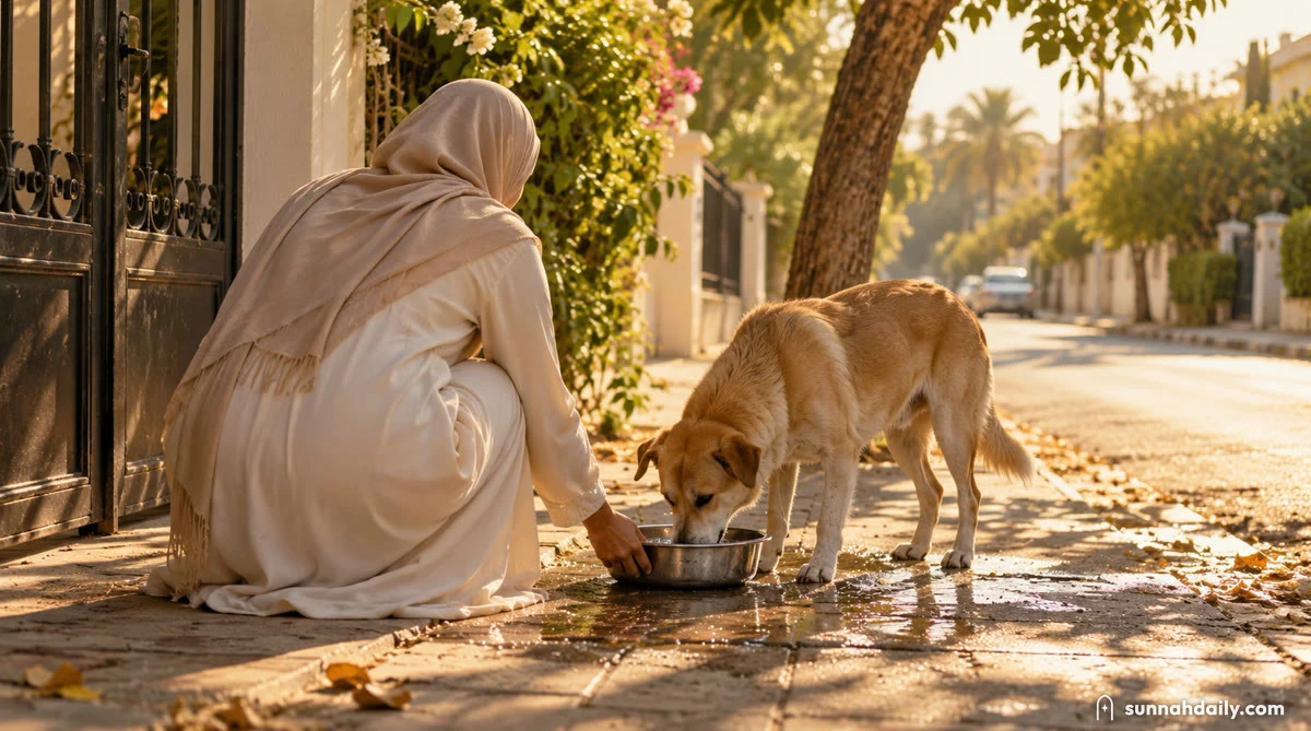 A woman in hijab crouches by her gate on a sunny street and holds a bowl of water for a thirsty dog