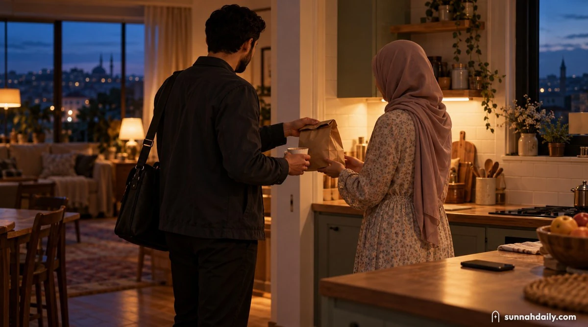 A husband just home from work hands his wife a small bakery bag and a cup of tea in their warm kitchen, his phone face down on the counter