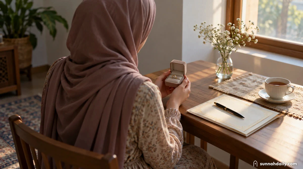 A woman in a hijab, seen from behind at a table by a window in the morning, holding a small open ring box and a signed nikah certificate