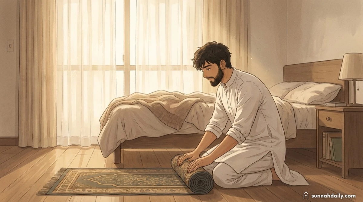 A man rolling up a prayer rug in a quiet room in the early morning