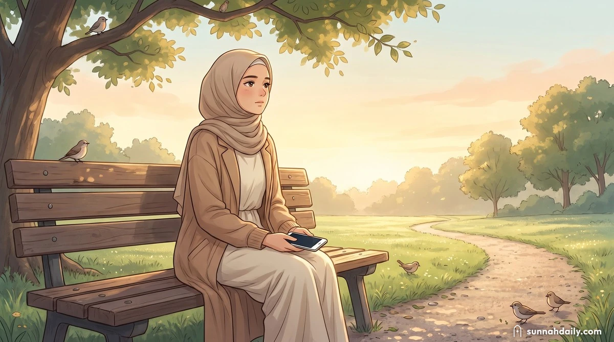 The Working Woman sitting alone on a park bench in soft morning light, holding her phone in her lap and looking into the distance, calm but thoughtful