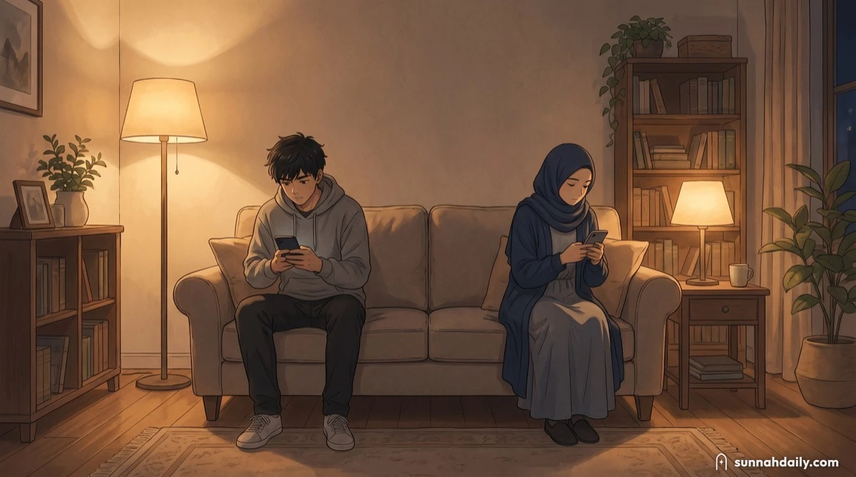A husband and wife in the same room in the evening, both looking at their phones