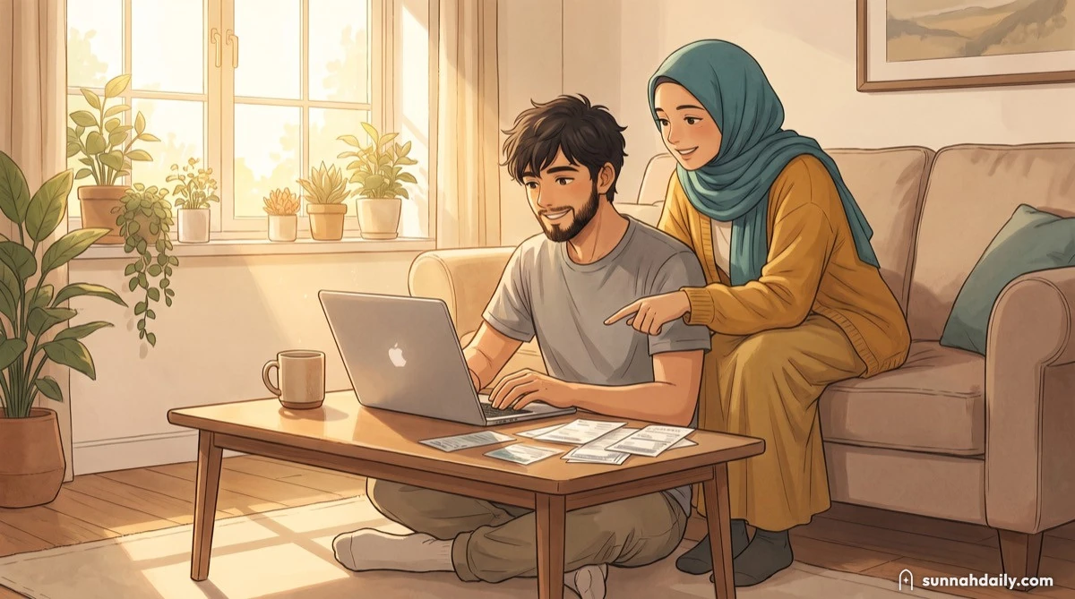A husband and wife going through bills together on a laptop