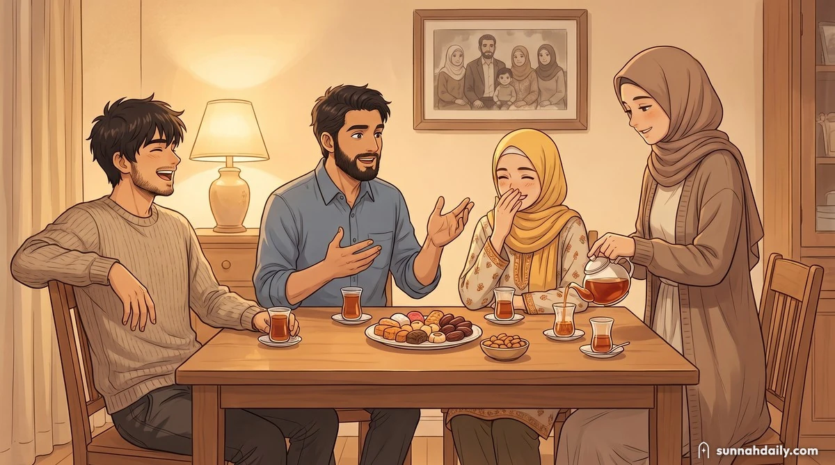 Two grown brothers and two grown sisters laughing together around a family table with tea and sweets