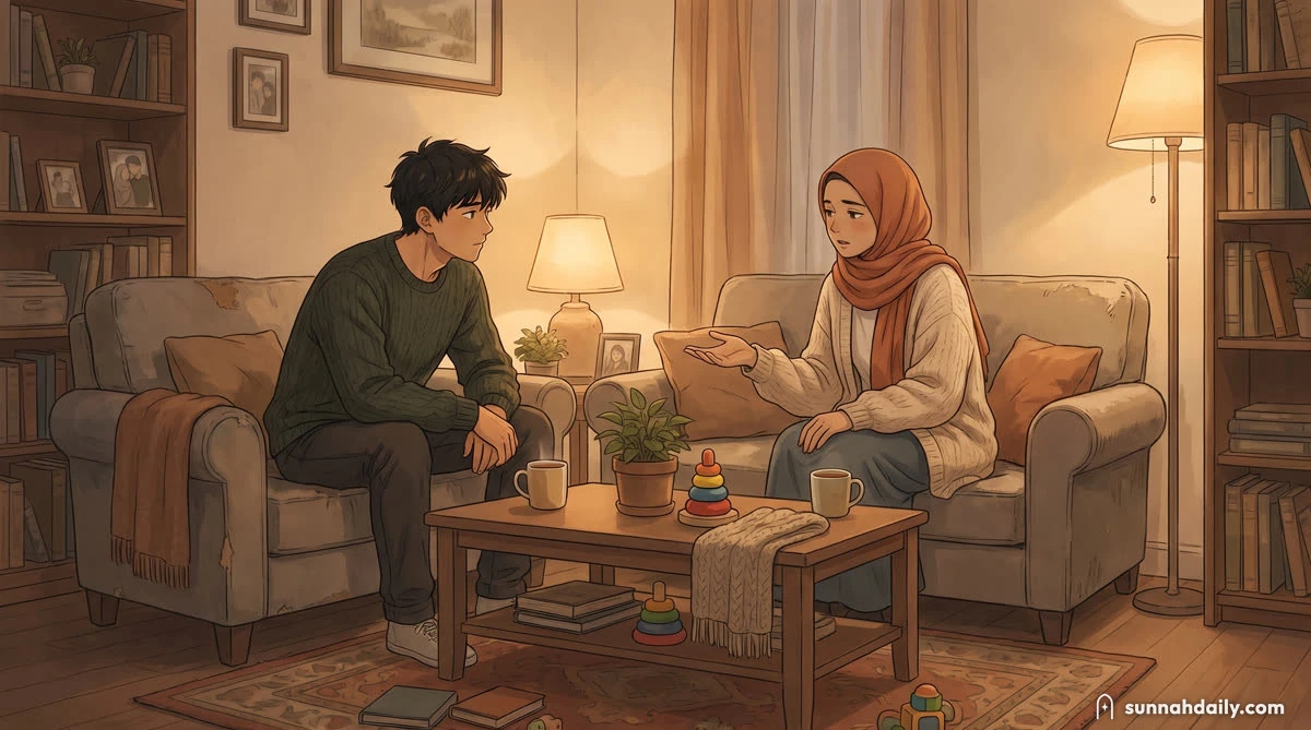 A husband and wife sitting turned towards each other on a sofa in the evening, mid-conversation, tea on the table between them