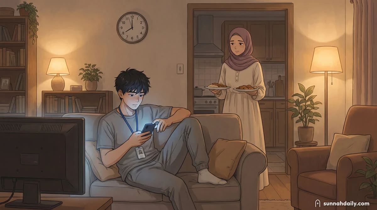 A husband on the sofa lit by his phone, the TV on, while his wife stands unnoticed in the kitchen doorway holding two plates