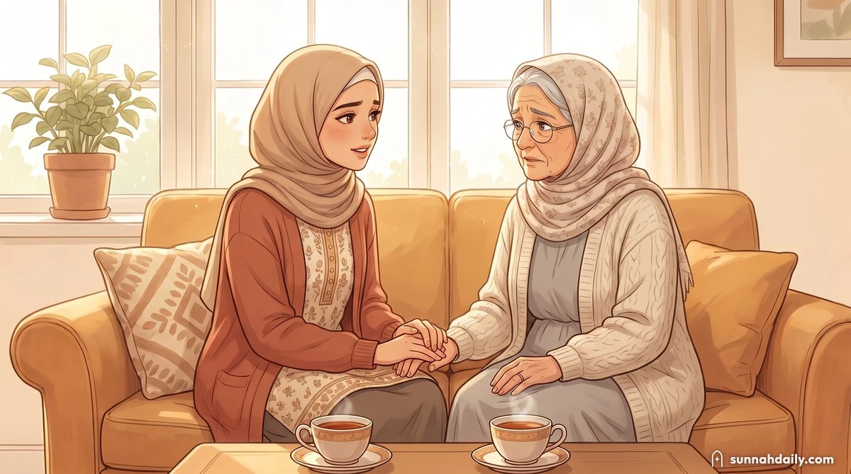 Maryam sitting on a sofa beside her mother, holding her mother's hand and talking earnestly while her mother listens with a worried but loving face