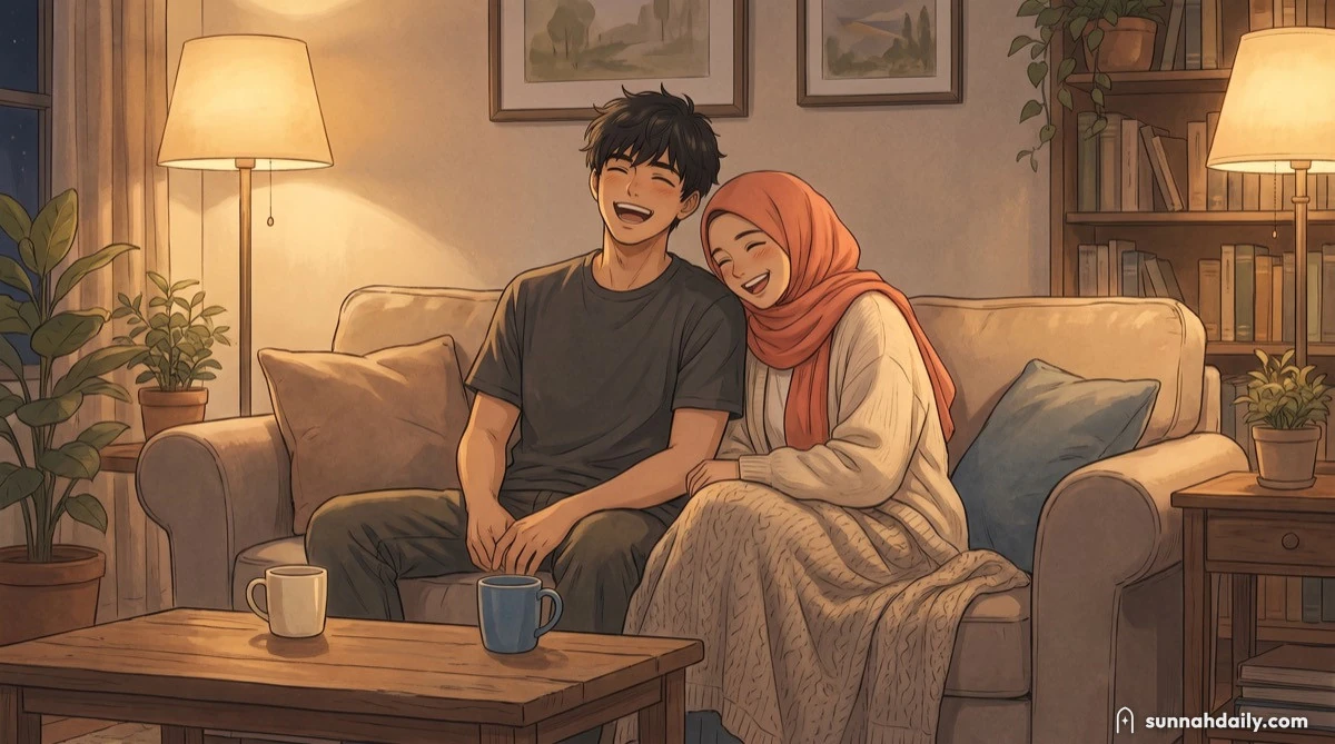 A husband and wife laughing together on the sofa in the evening