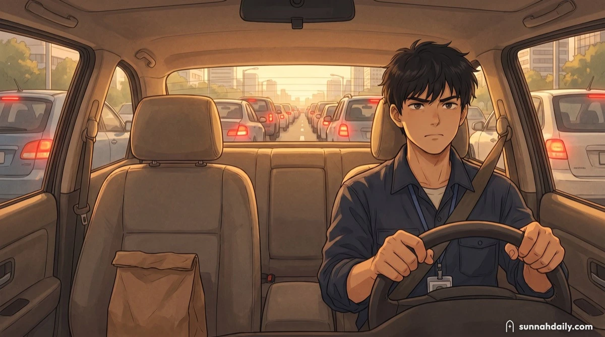 A man sitting in his car in traffic, hands on the wheel