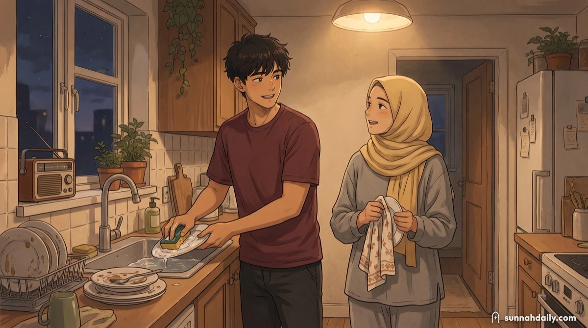 A husband washing dishes at the sink while his wife dries them beside him