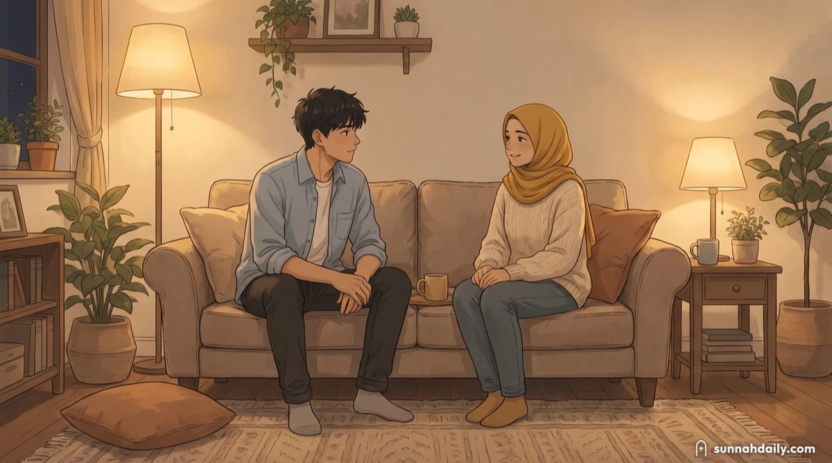 A husband and wife sitting at opposite ends of a sofa in the evening, talking