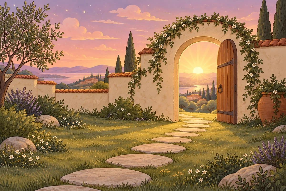 A path of stepping stones leading to an open door at sunrise