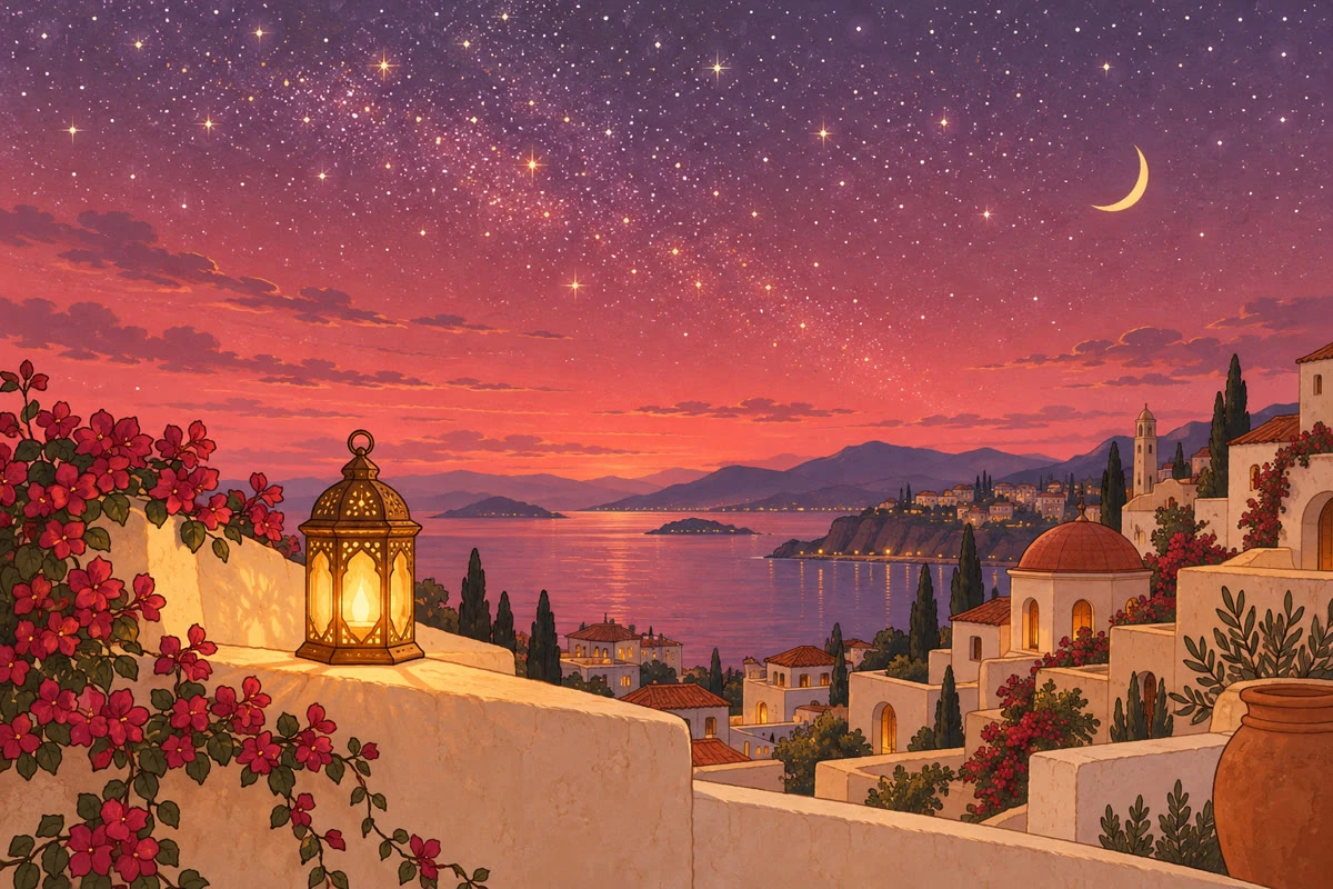 A lantern glowing on a low wall under a sky full of stars