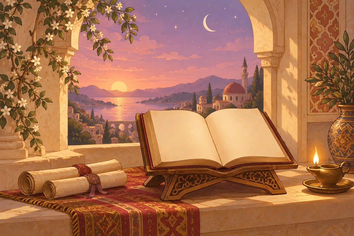 An open book on a wooden stand beside older rolled scrolls, in a sunlit alcove