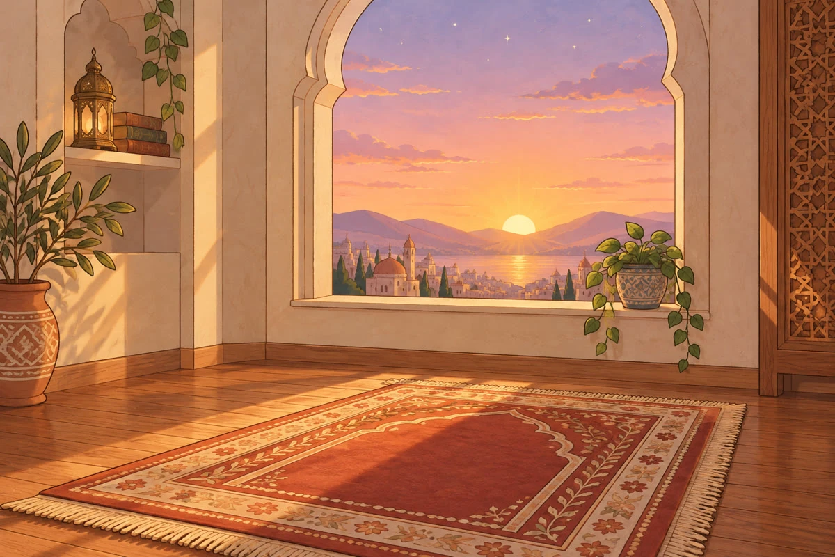 A prayer mat laid by an arched window at sunrise